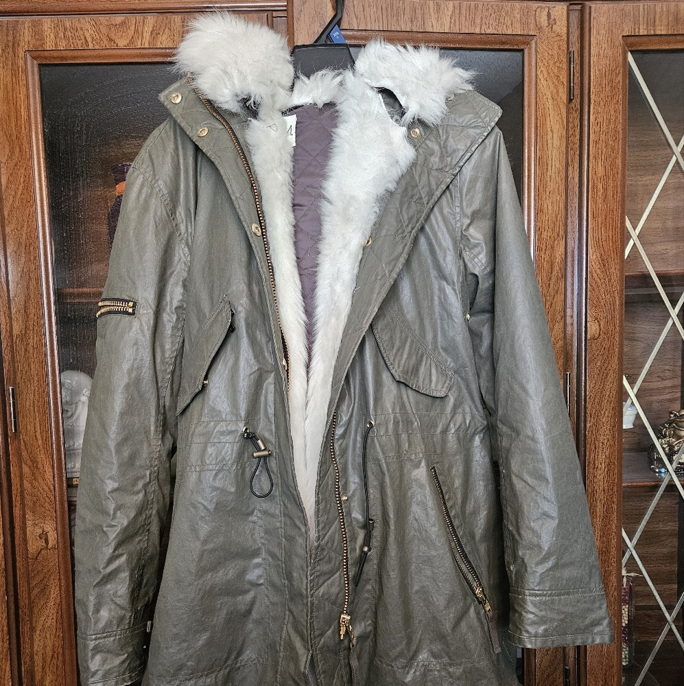 SAM. New York Women's Coat Size M Real FUR HOODIE Army Green Jac…